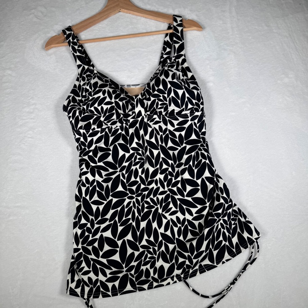 Lands End Womens Tankini Swim Top Black White Leaf Print Size 12D V-Neck 390150